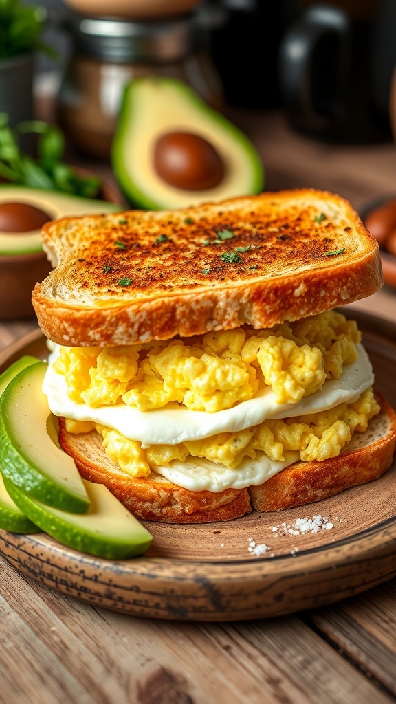 A classic egghead sandwich with scrambled eggs on toasted bread, garnished with herbs and served with avocado slices.